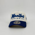 White and blue cap with 'Manilas Worldwide' text on a light gray background