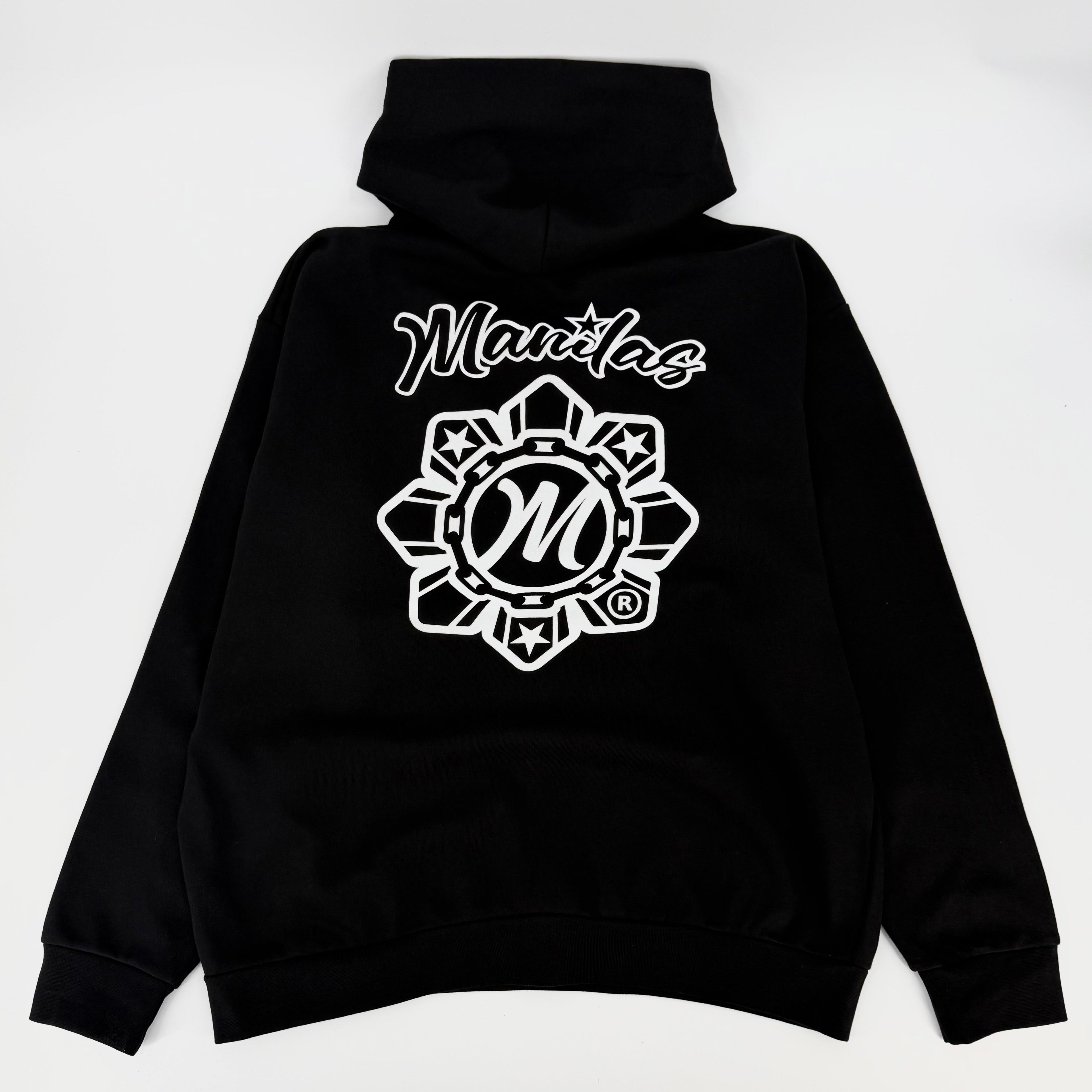 Black hoodie with white logo and text on a white background
