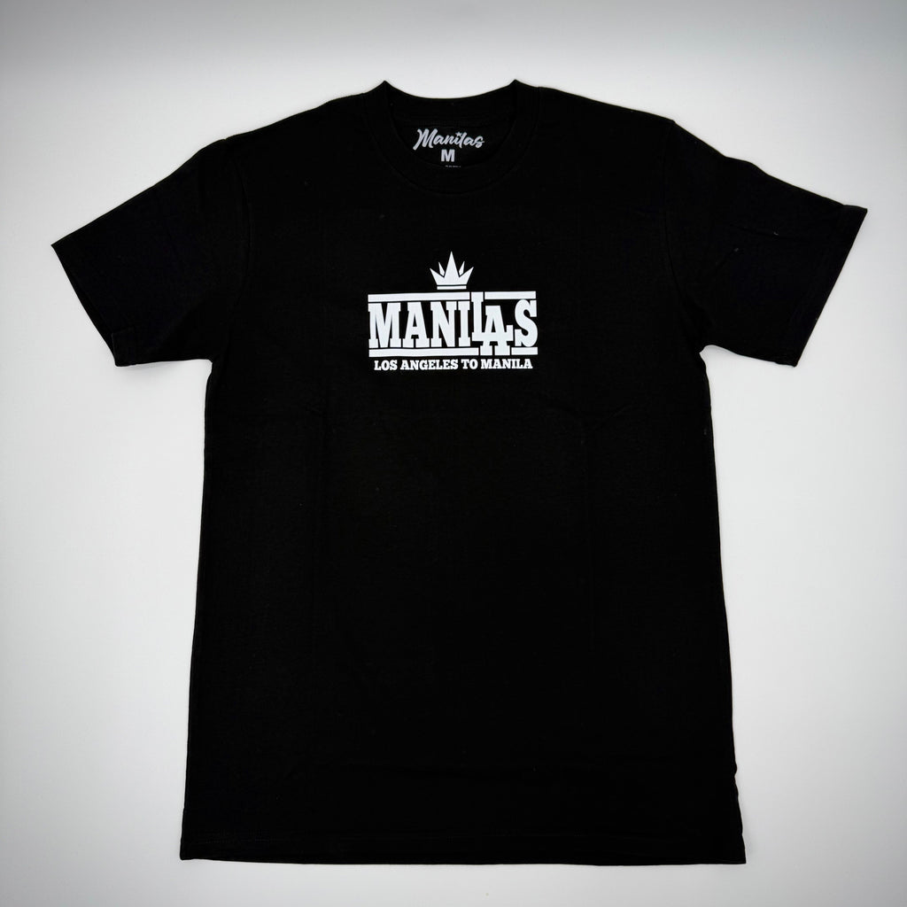 Black t-shirt with white text on a gray background