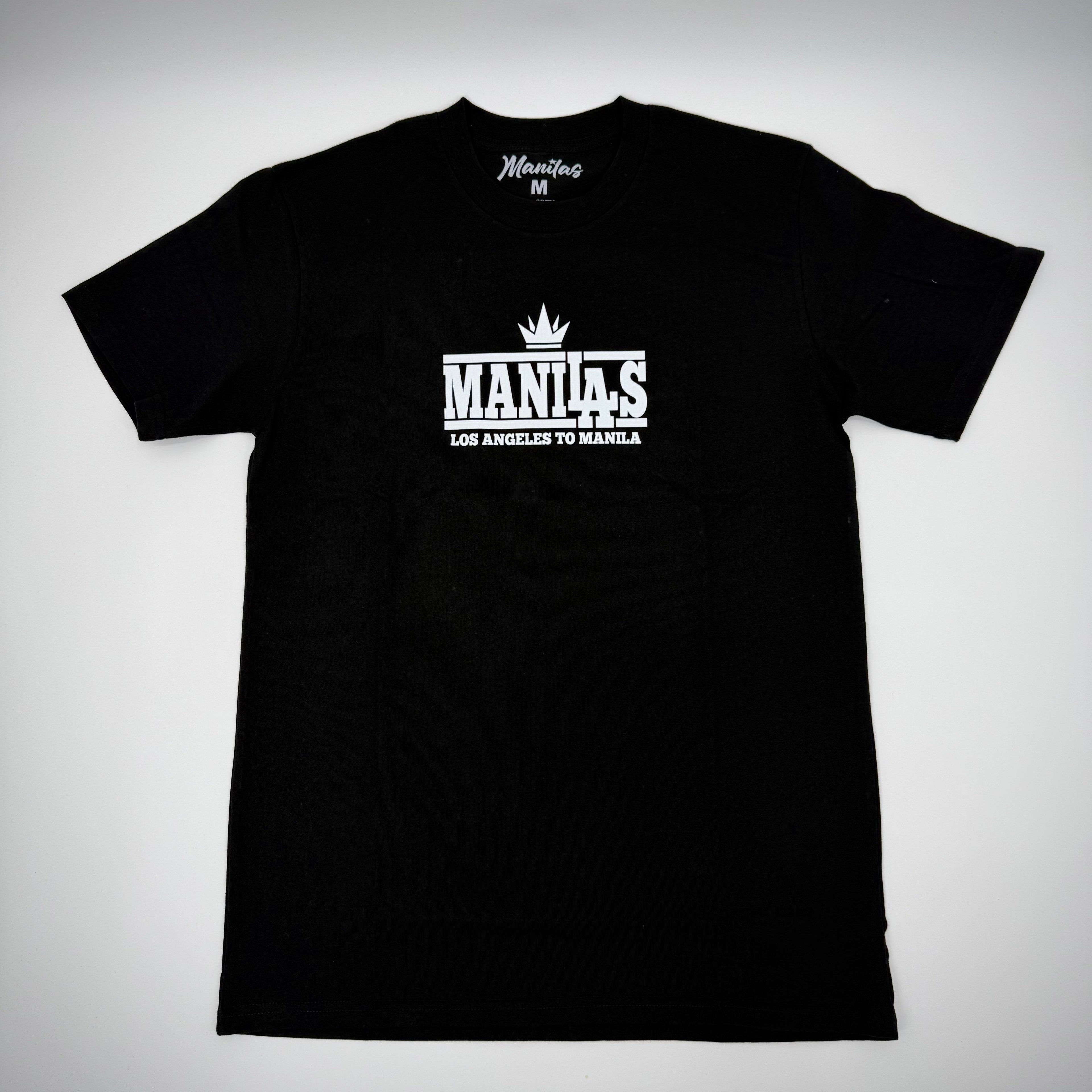 Black t-shirt with white text on a gray background