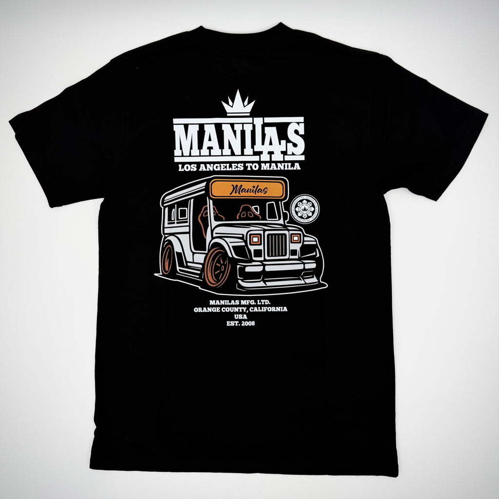 Black t-shirt with a graphic design and text on a gray background