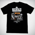 Black t-shirt with a graphic design and text on a gray background